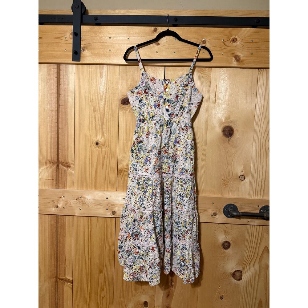 Evereve Lizzy Eyelet Midi Dress Floral Embroidered Spaghetti Strap Women's M